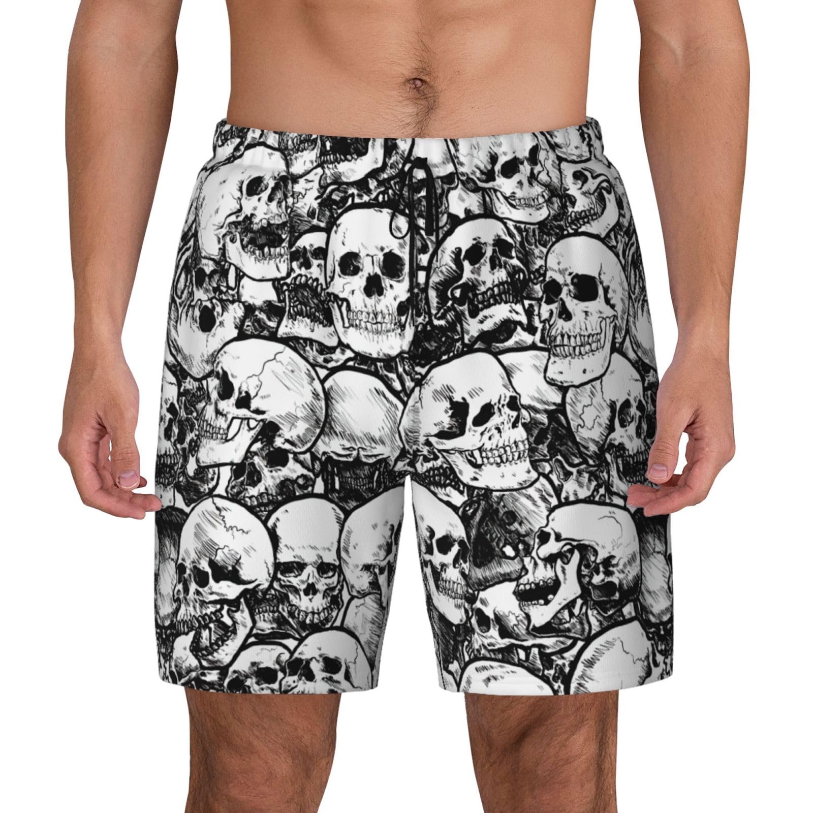 FSCEV Black and White Skulls Pattern Mens Swim Shorts with Stretch Compression Liner Bathing Suit Swimming Shorts