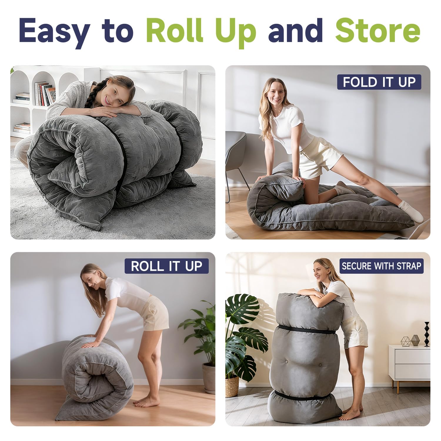 6" Futon Mattress Full Size, Tufted Futons Sofa Couch Bed with Twisted Rope Design Edging,Versatile Floor Mattress for Adults，Shredded Foam Filling (Frame Not Included Gray, Full)