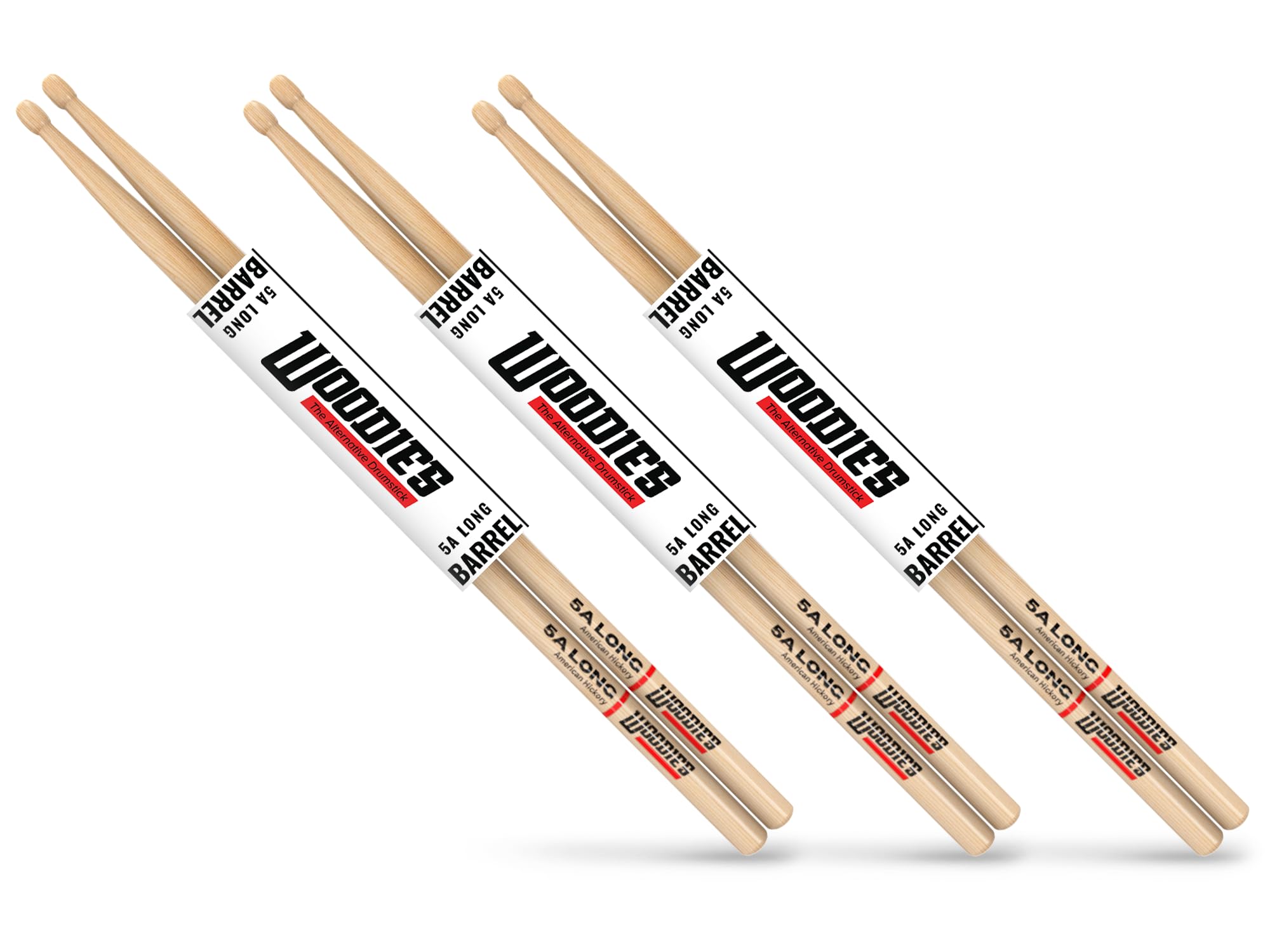 Woodies 5A lange Drumsticks Barrel Tip - American Hickory Wood Drum Sticks für Drummers, Gewicht abgestimmt, Roll Tested, Langlebig - 3 Pack Bundle