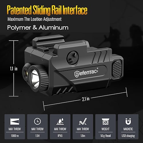 Miniatura 2 de DEFENTAC Luz de pistola deslizante de 450 lm y mira láser rojoverdeazul, rayos estroboscópicos y momentáneos para armas, recargable magnética (combo