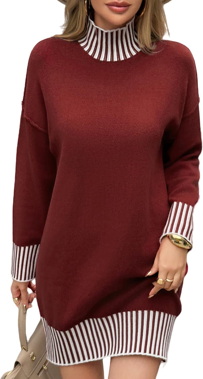 HEBELD Color Block Sweater Dress for Women Mini - Long Sleeve, Mock Neck, Short Knit Dresses, Casual Fall Dresses