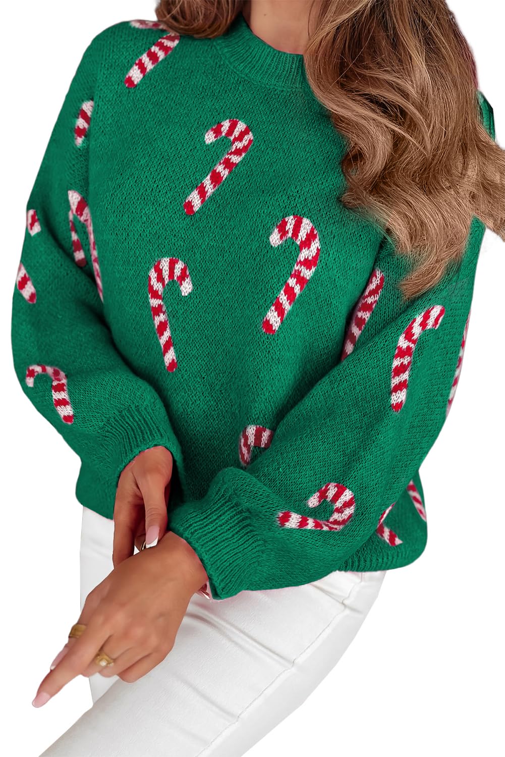 LALAGEN Womens Round Neck Sweater Christmas Candy Cane Holiday Drop Shoulder Holiday Sweater Pullover