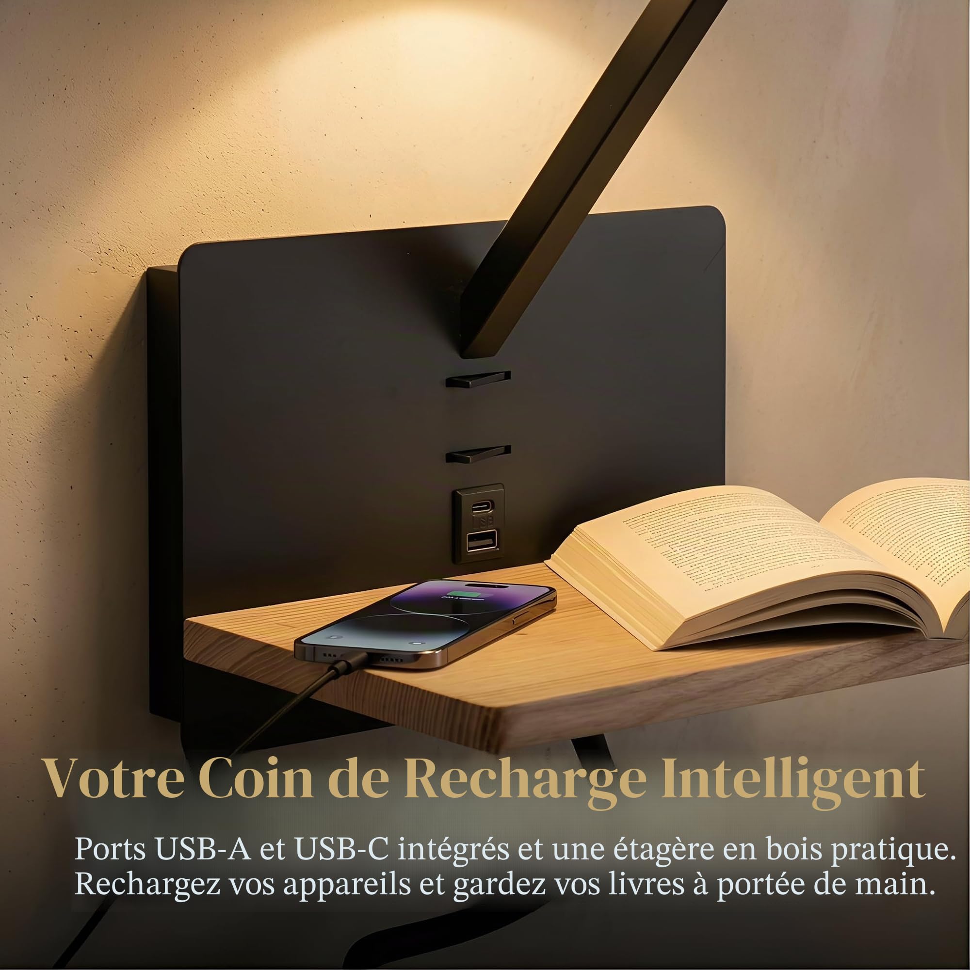 BARCELONA LED Applique murale de lecture “Artin USB+USBC” avec abat-jour E27, spot LED orientable 3W, étagère en bois et design moderne pour chambre, tête de lit et hôtels, Noir