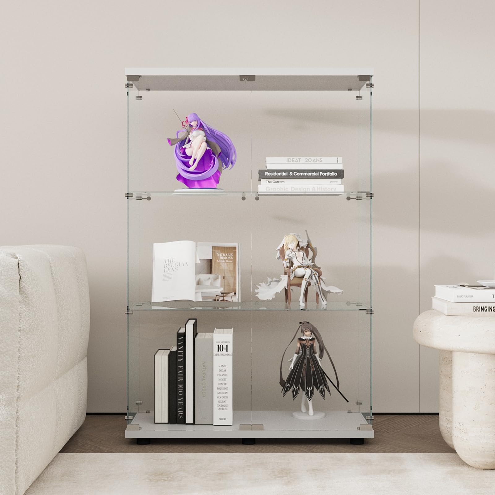 GDJAASJI Display Cabinet with Glass Door and Lock, 3-Shelf Fast Installation Curio Cabinets with 5mm Tempered Glass Floor Standing Bookshelf for