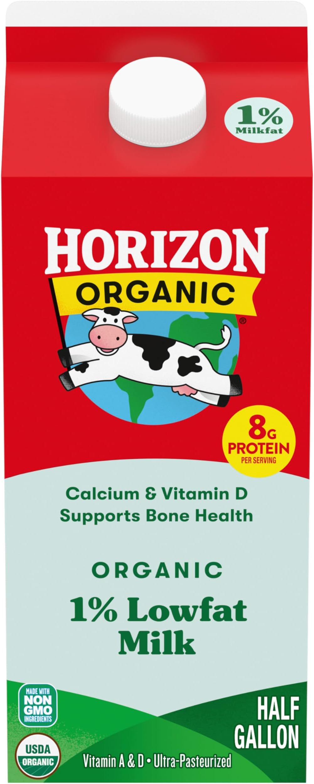 Horizon Organic High Vitamin D 1 Percent Milk, Delicious High Vitamin D Lowfat Milk, 64 fl oz Half Gallon Carton
