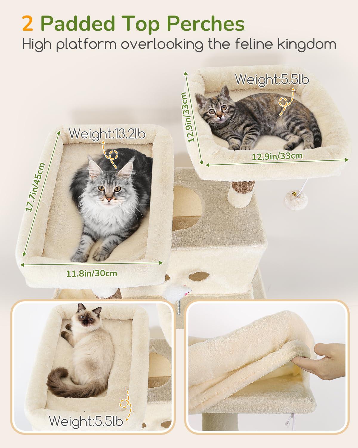 Globlazer Arbre à Chat Beige XXL 204 cm de Hauteur avec 2 Grand Niches 50*30*30CM, 2 Rembourré Plateforme, Doux Panier, Hamac, Peluche Jouets, Solide Arbres a Chat pour 3-5 Chats Adultes (S80B, Beige)