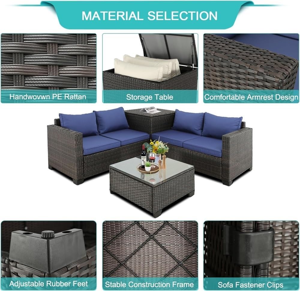 Patio Furniture Set Outdoor Rattan Sectional Porch Furniture Wicker Patio Conversation Set Seating Sofa with Storage Box Glass Top Table for Backyard Garden Poolside