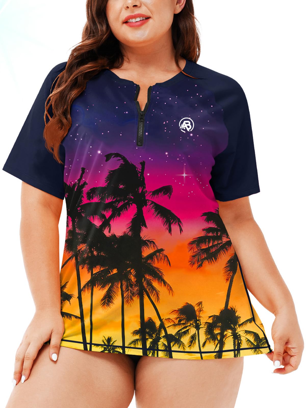 AOBUTE Women Plus Size Rash Guard Zipper Short Sleeve SPF Swim Shirts