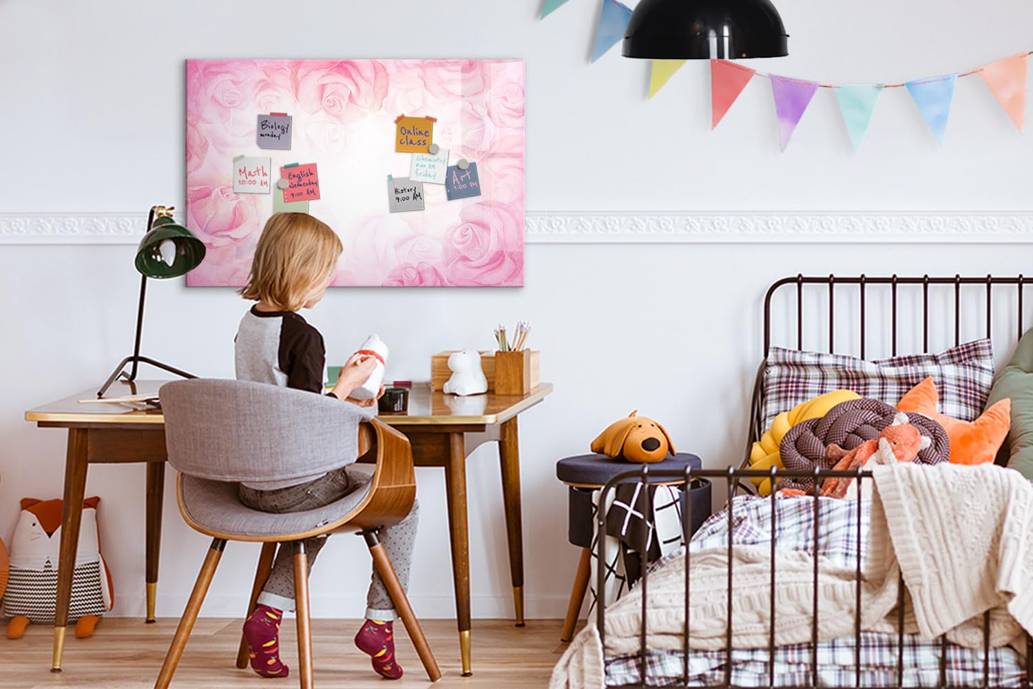 Großes Glas-Magnetboard inkl. Neodym-Magnete, Marker & Schwamm | Robuste Glasfläche | Perfekt für Wandmontage in Büro, Schule & Küche- 90x60 - Rosenabstraktion