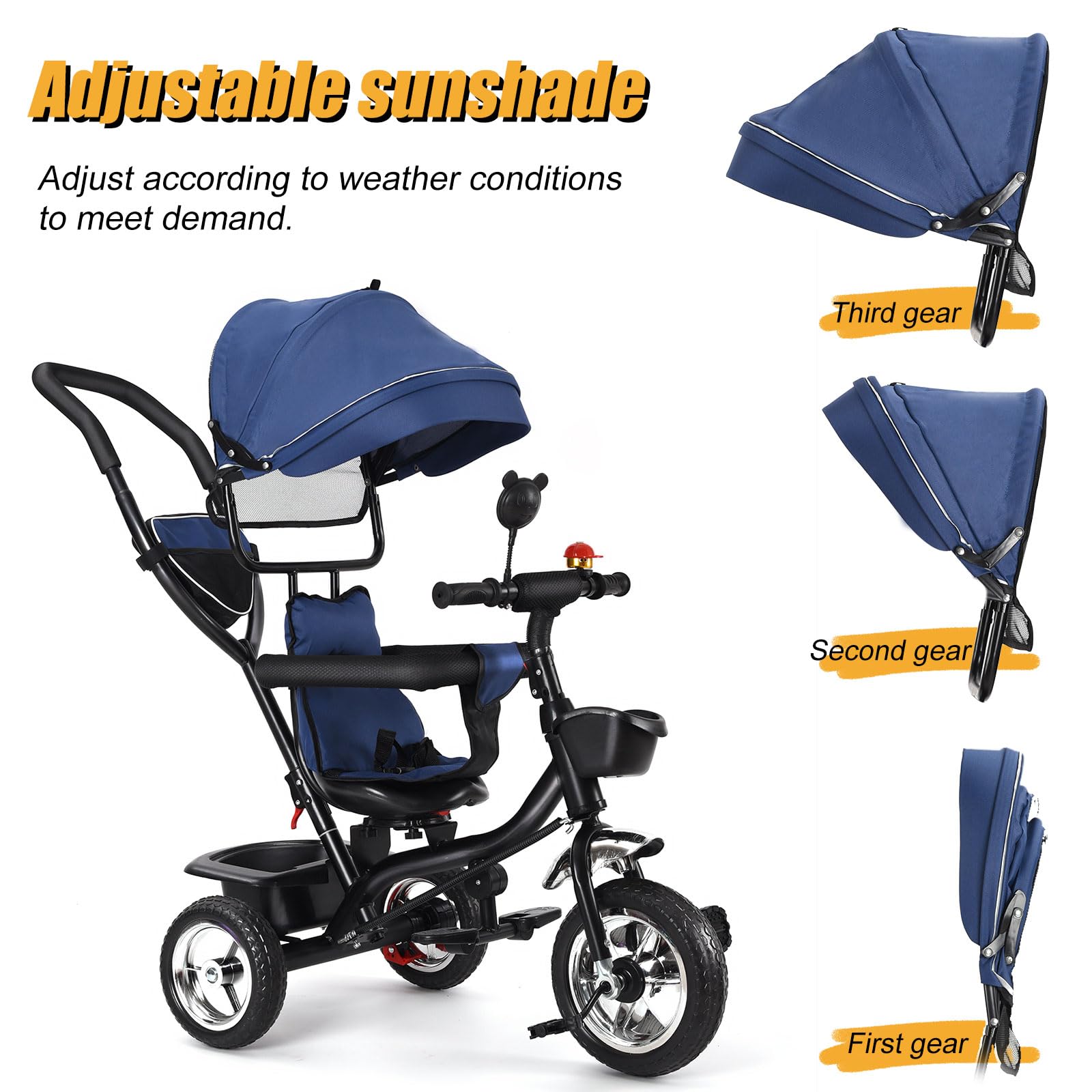 Tricycle évolutif 4 en 1 pour bébé de 9 mois jusqu'à 25 kg, avec tige de poussée réglable en hauteur, siège pivotant avant et arrière, auvent pliable (bleu)