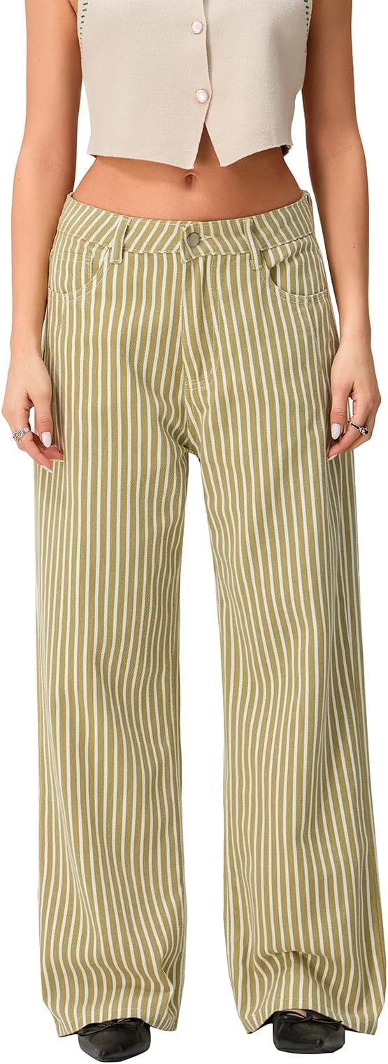 Y2k Striped Bell Bottom Jeans Women High Waisted Boyfriend Denim Pants Baggy Wide Leg Stretchy Bootcut Flare Jeans