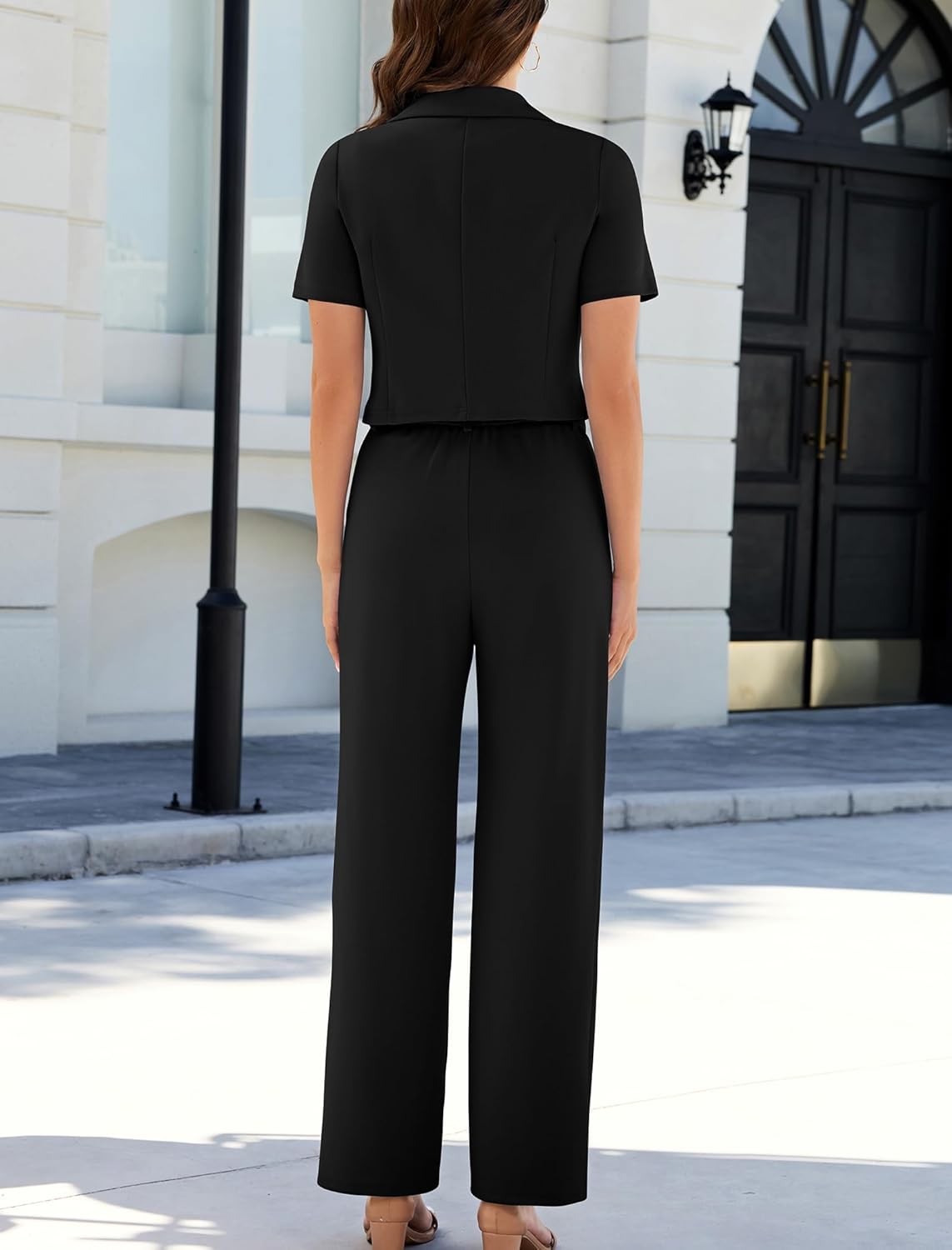 AGSEEM Womens Suits 2 Piece Set Business Short Sleeve Cropped Blazer and Wide Leg Pants Set Office Outfits Work Casual,S-2XL - Image 3