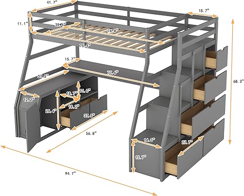 Miniatura 200 de Quarte Cama alta multifuncional, cama alta tamaño matrimonial con escritorio integrado y estantes de almacenamiento, dos cajones y escalera de