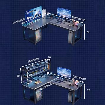 Gaming Desk, L-Shaped 63.0 inches 160 cm, Corner, Computer Desk, L-Shaped Desk, PC Desk, Study Desk, Game Desk, Desk with Rack, Carbon Tone, Width 47.2 / 55.1 / 63.0 inches 120 / 140 / 160 cm, Table Interchangeable Left/Right Interchangeable Left/Right Interchangeable Desk, Computer Desk, Computer Desk, Computer Desk, Double Layer Storage Rack, Mouth Shape, Large Legs, Large Load Capacity, Large Capacity Optional layout learning Desk Home Work 120 x 100 cm + 80 cm shelf board