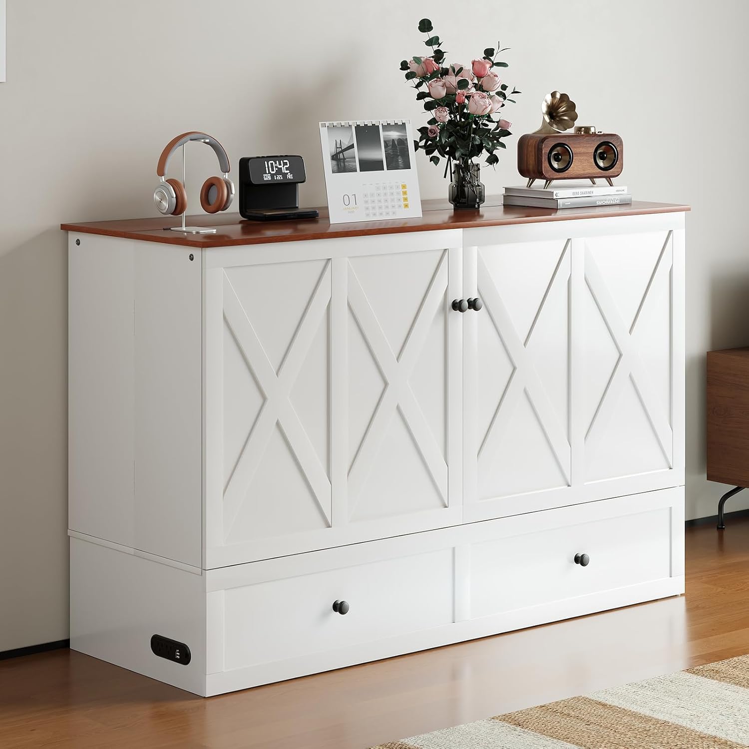 Mjkone Full Size Murphy Bed with USB Charging Station, Storage Drawers, Hidden Folding Cabinet Bed with Tri-Folding Mattress, Space Saving Wall Chest Beds for Bedroom Guest Room Living Room, White