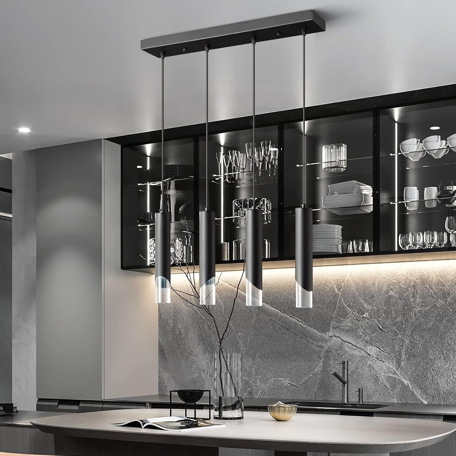 4 Light Pendant Lights Kitchen Island Modern Pendant Light Dimmable LED Dinning Room Black Mini Pendant Lights, Adjustable Kitchen Light Fixture