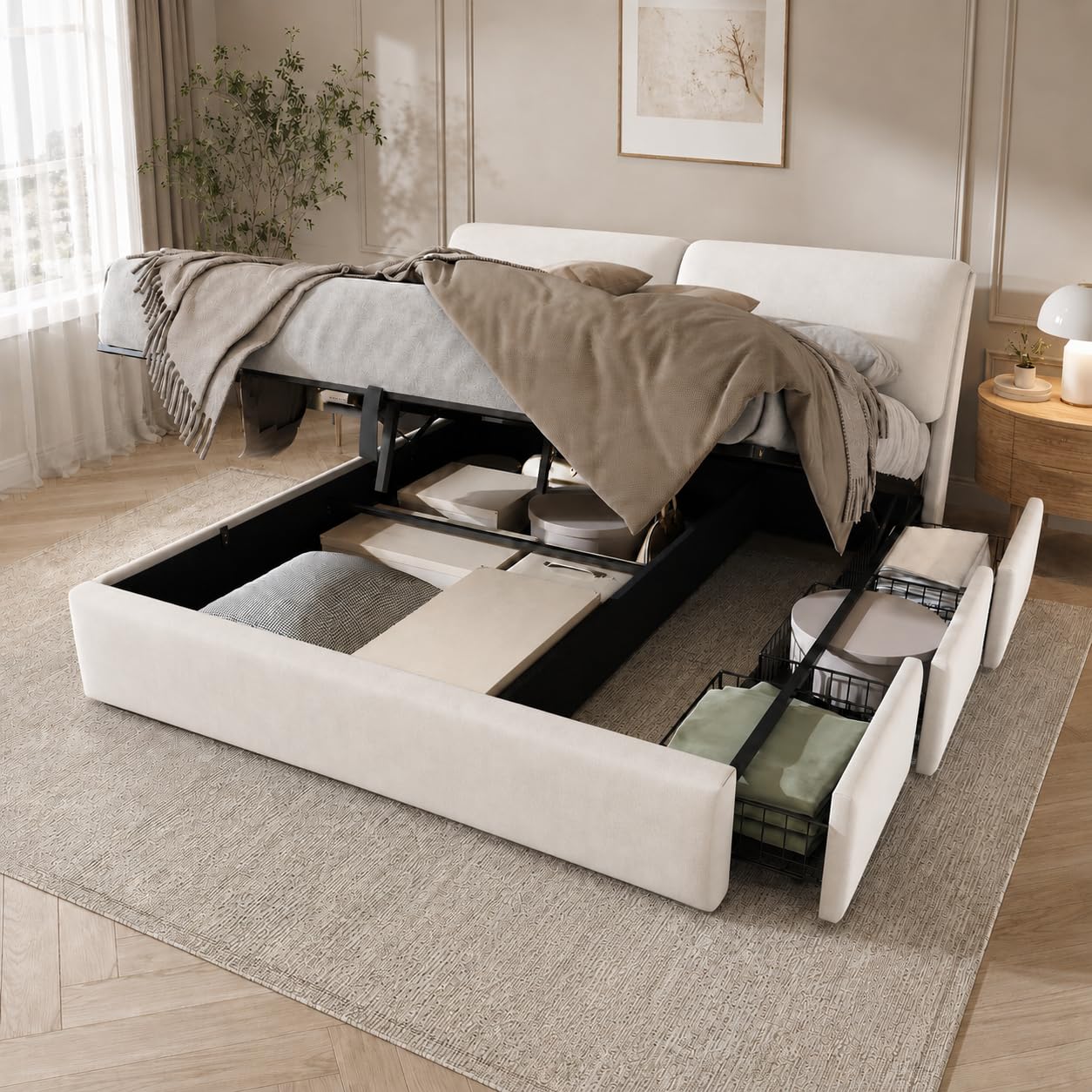 Zepneiy Lit Double180x200 avec Sommier hydraulique et 3 Tiroirs, Lit Coffre 180x200 avec Rangement et Tete de, Velours Beige(sans Matelas)