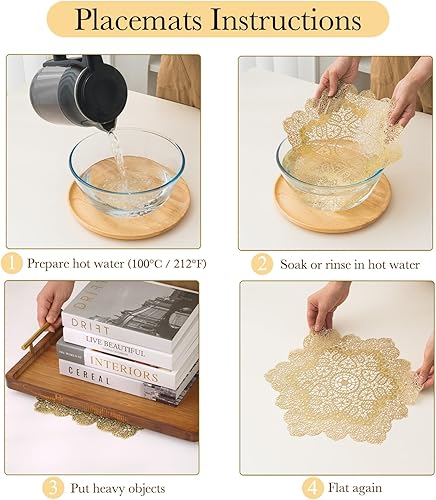 Miniatura 4 de BACKTOEDEN Juego de 6 manteles individuales redondos color dorado claro, lavables, resistentes al calor, manteles individuales prensados de vinilo