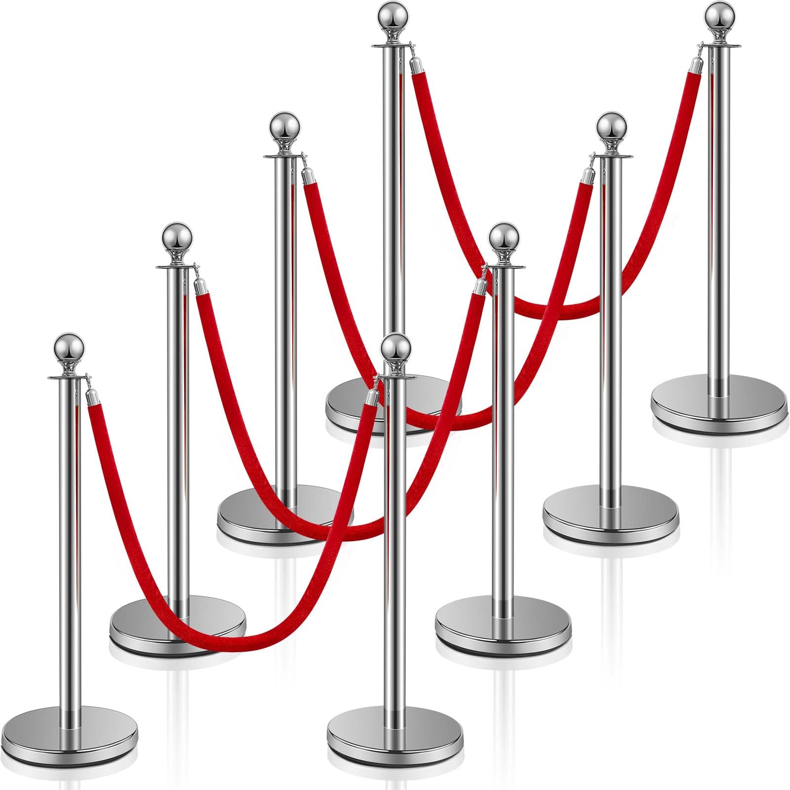 Stainless Steel Stanchion Post Queue 5 ft Red Velvet Rope Red Carpet Ropes and Poles Crowd Control Barriers Sand Injection Hollow Base and Velvet Ropes Set for Party Supplies (8 Pieces, Silver)