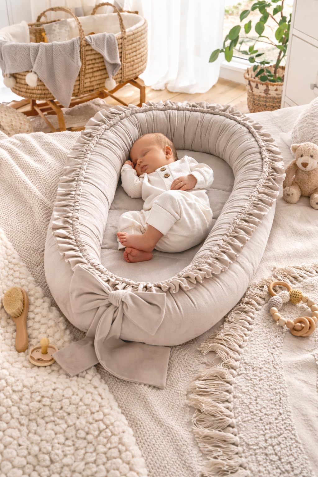 Babynestchen Neugeborene – Babynest Velvet – Nestchen Baby für Babybett & Kinderbett – Babykokon Tragbar – OEKO-TEX zertifiziert – Zubehör Babybett – Sand Velvet