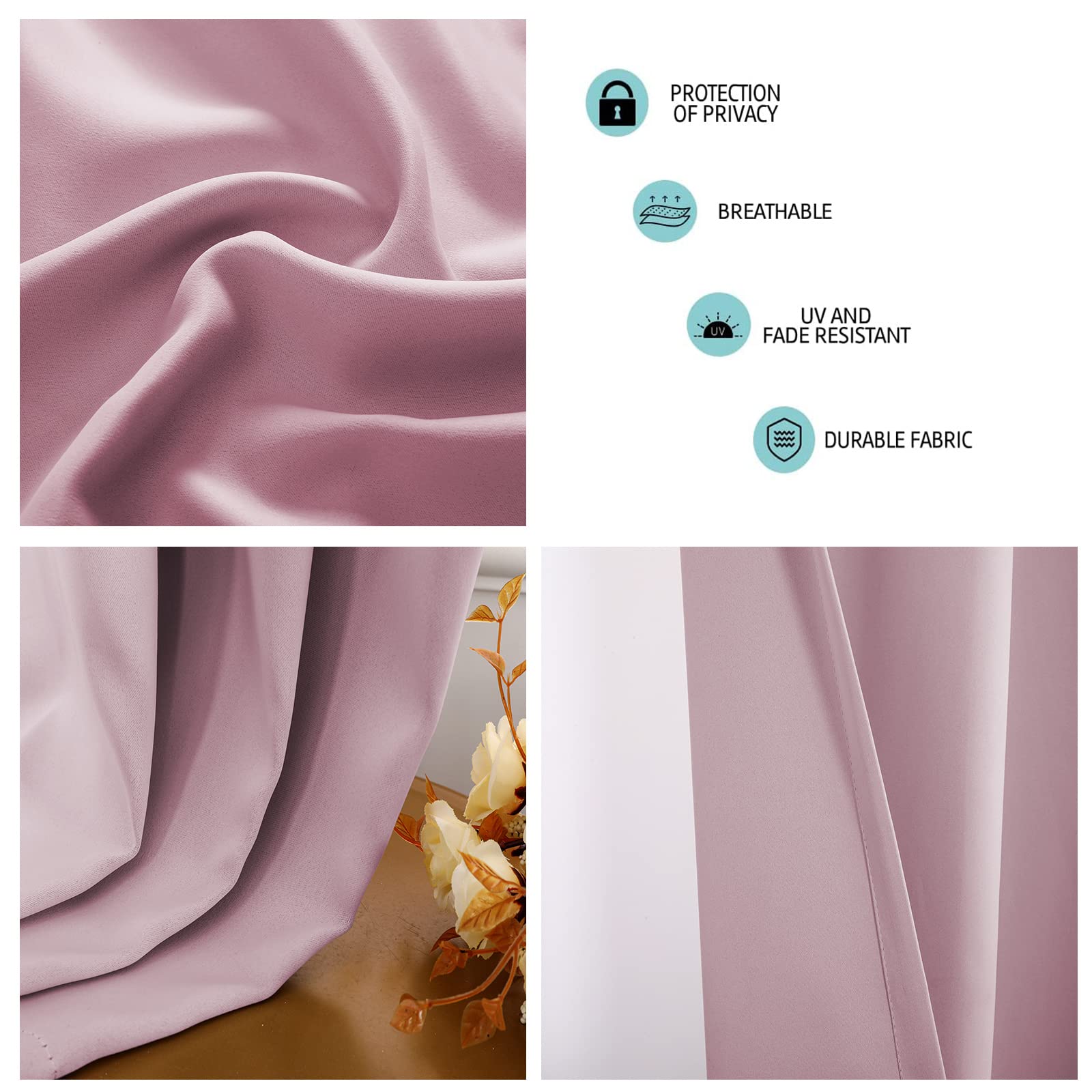 Rideaux occultants, opaques, réduction du bruit, faciles à installer, pour chambre à coucher, chambre d'enfant, salon, 100 x 230 cm, rose