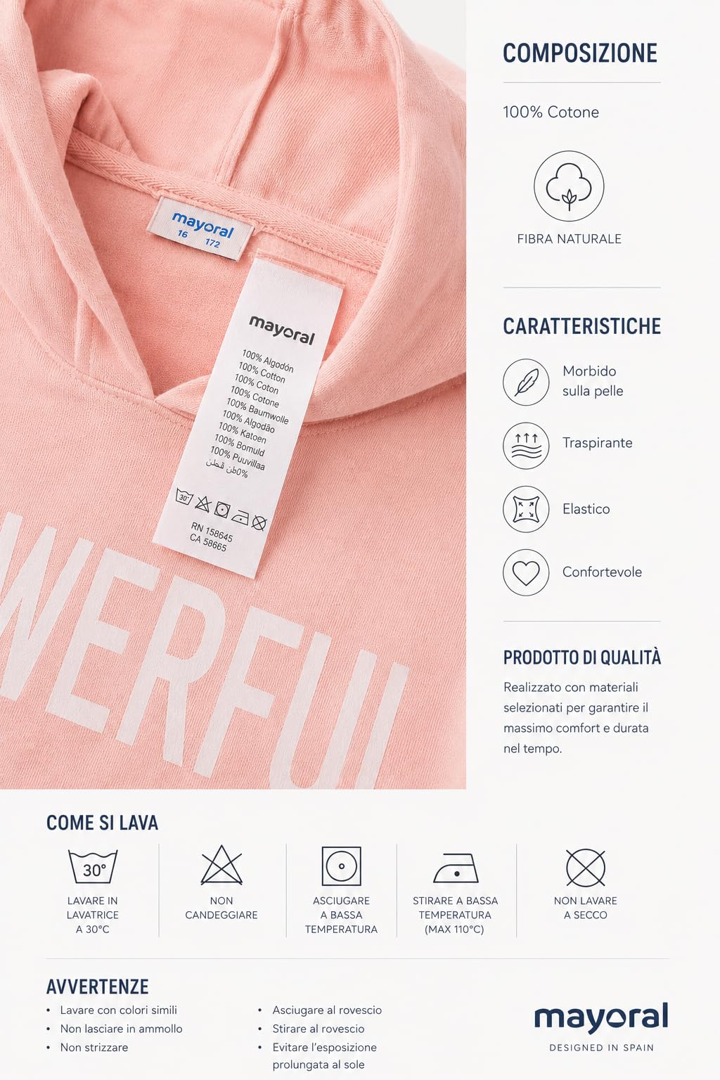 Generico Mayoral kurzes Sweatshirt für Mädchen von 3 – 9 Jahren – T-Shirt mit Kapuze Rosa Powerful – Sommer Kurzarm – Casual Sport Mädchen