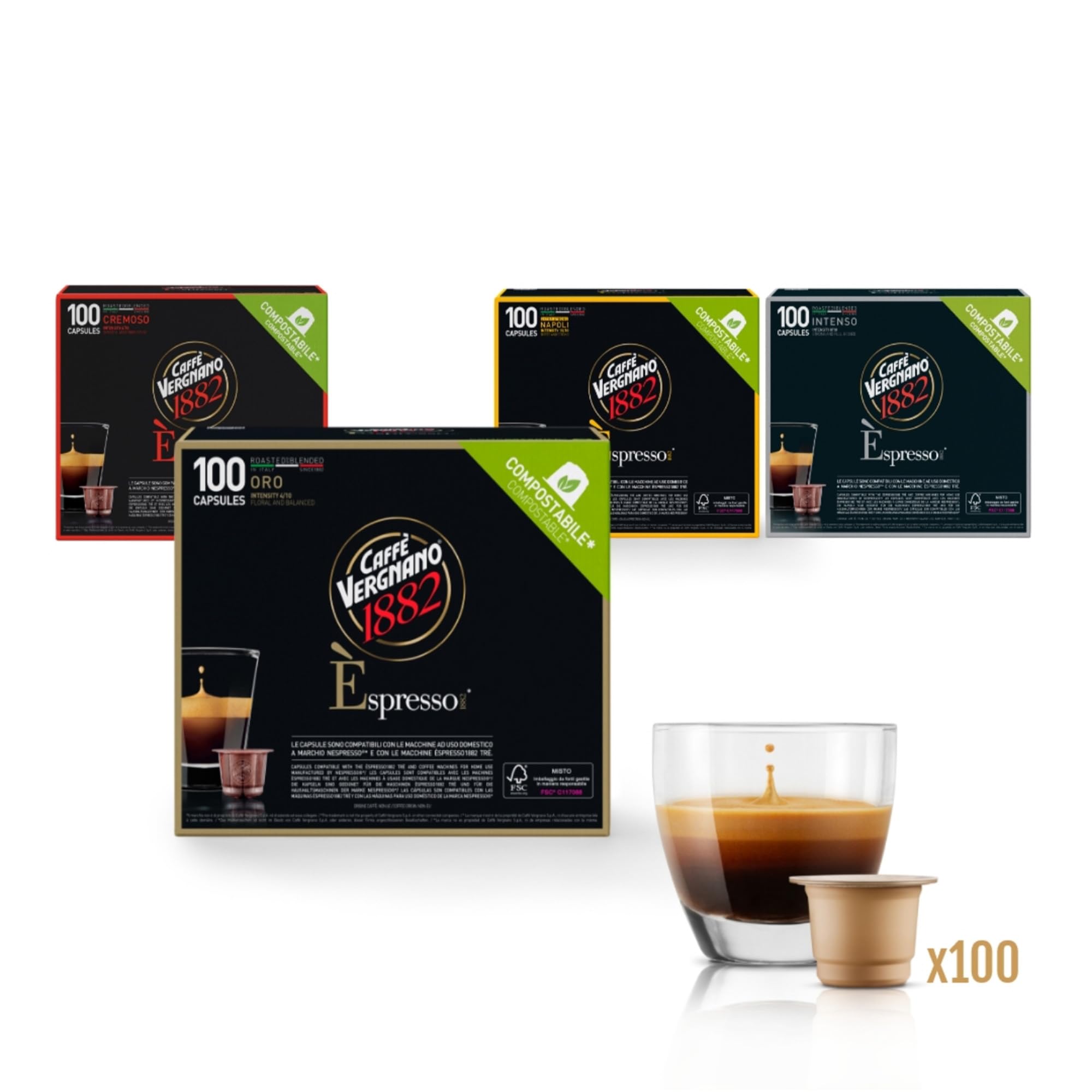 Caffè Vergnano 1882 - 100 Capsule Caffè Compostabili e Compatibili con Nespresso, Oro - Pack da 100 capsule