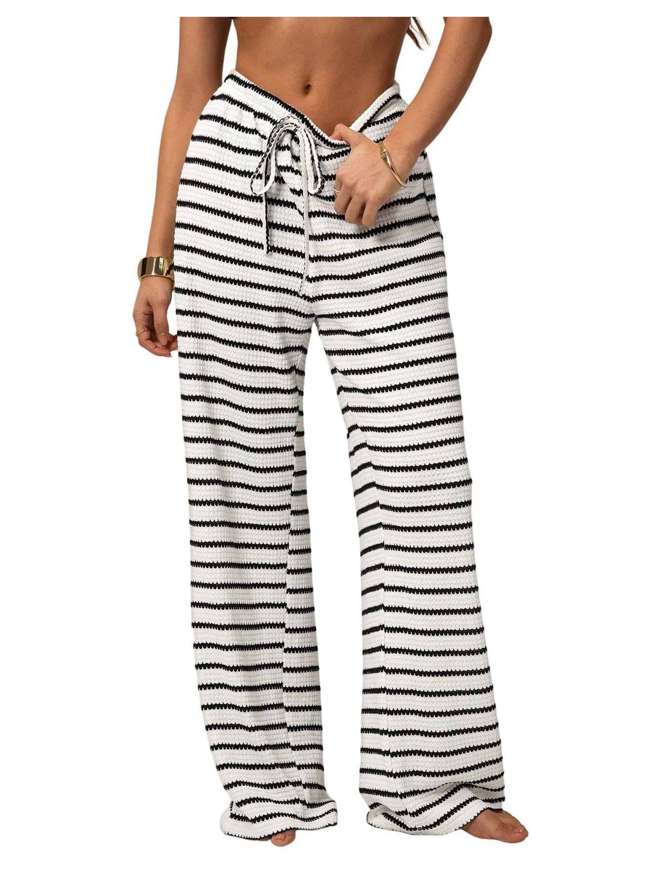 Womens Baggy Pants Y2k Striped Drawstring Waist Wide Leg Pants Knitted Going Out Trousers