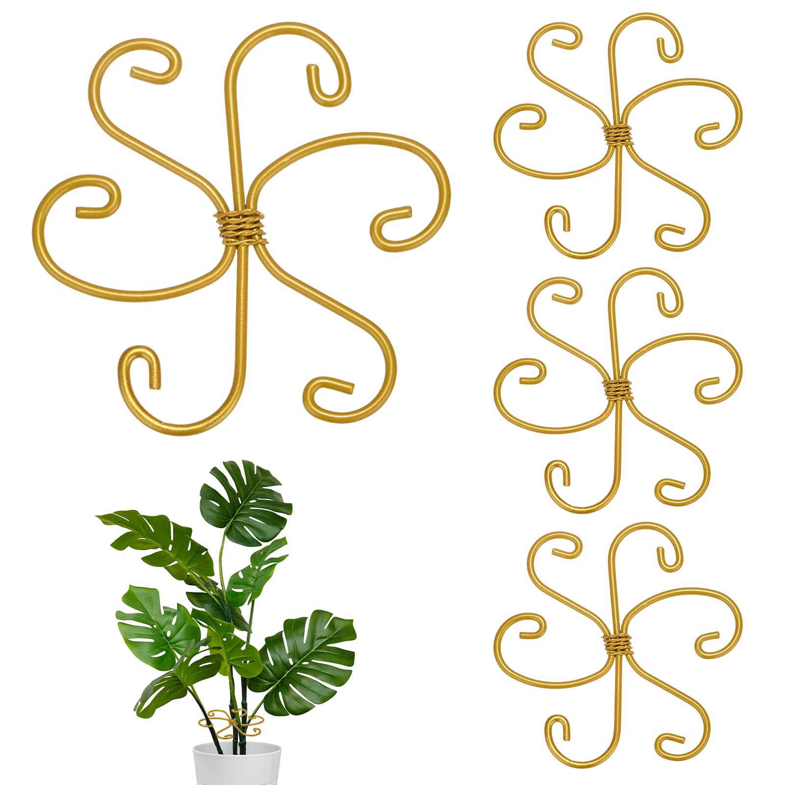 M METERXITY 4-Pack Monstera Plant Support, 4.1x4.1" Iron Plant Stem Support Stakes Stabilizer Grapple Holder for Indoor/Outdoor Climbing Thriving Growth Accessories [Gold Tone, Style B]