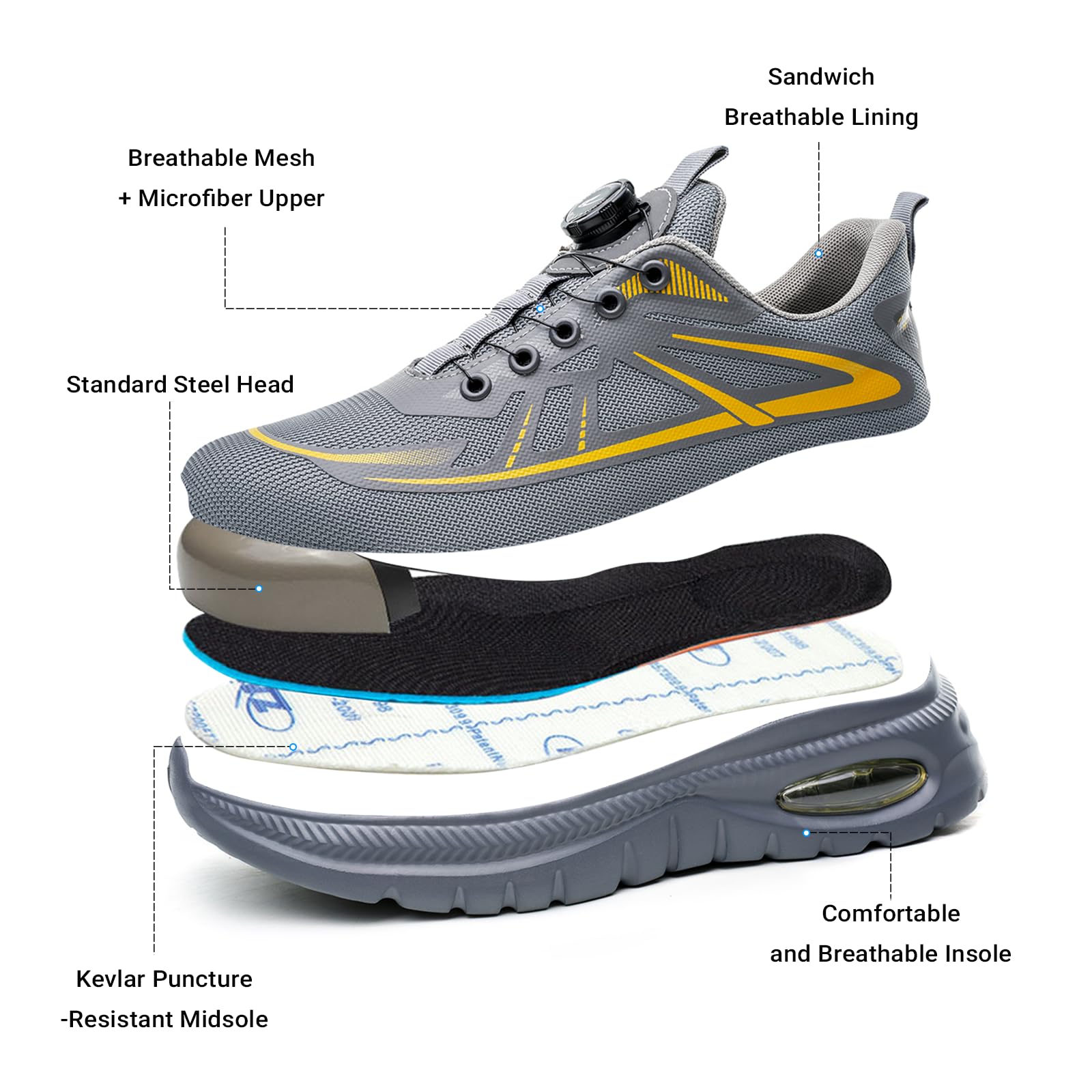 USOR Scarpe da ginnastica antinfortunistiche da uomo e da donna, con puntale in acciaio, con fibbia girevole, senza lacci, comode, leggere, con fibbia girevole, antiscivolo, scarpe da lavoro con