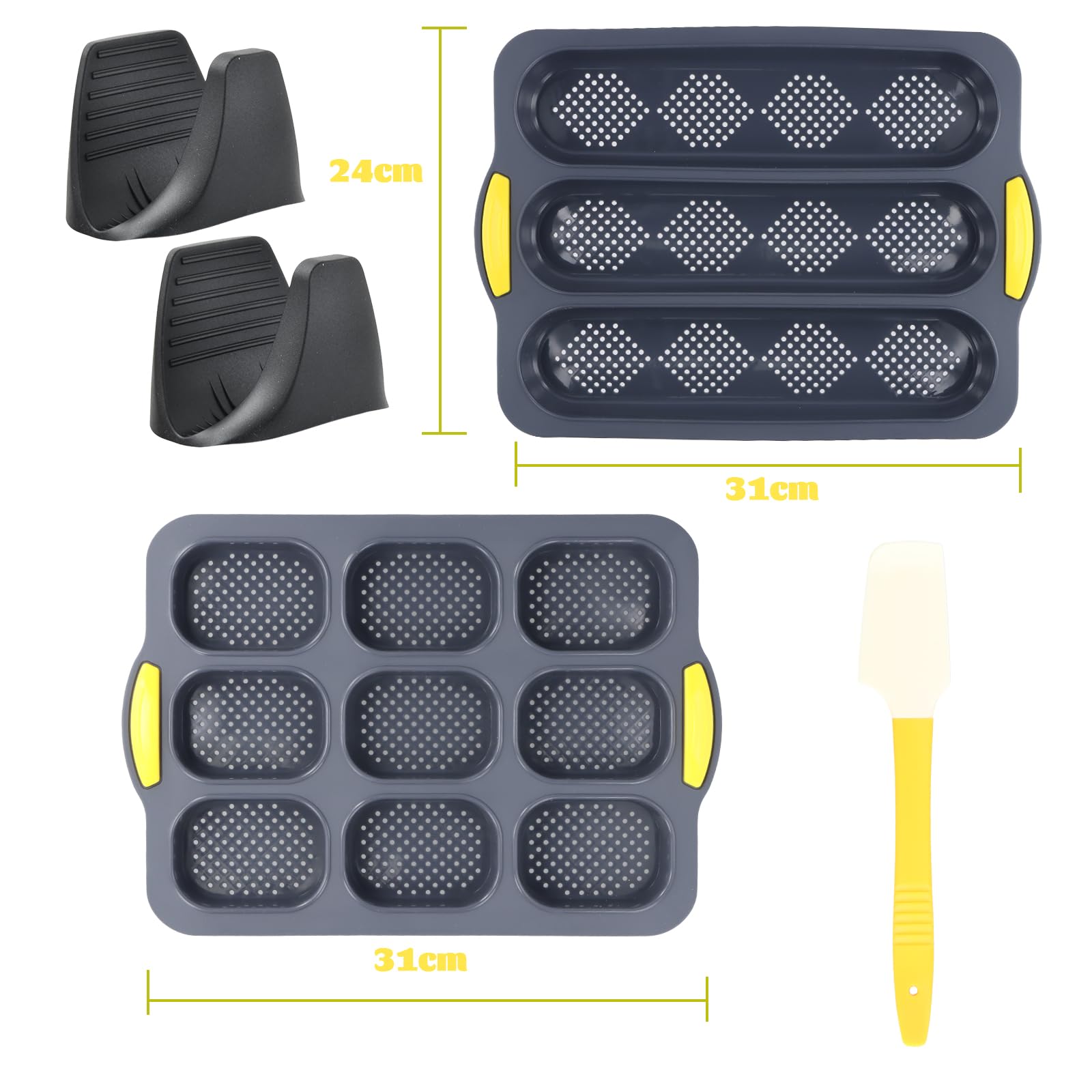 2 Teglie da Forno per Baguette, Stampo per Baguette, con 2 Pinze Isolanti e 1 Spatola in Silicone per Pane, Torte, Muffin,Silicone