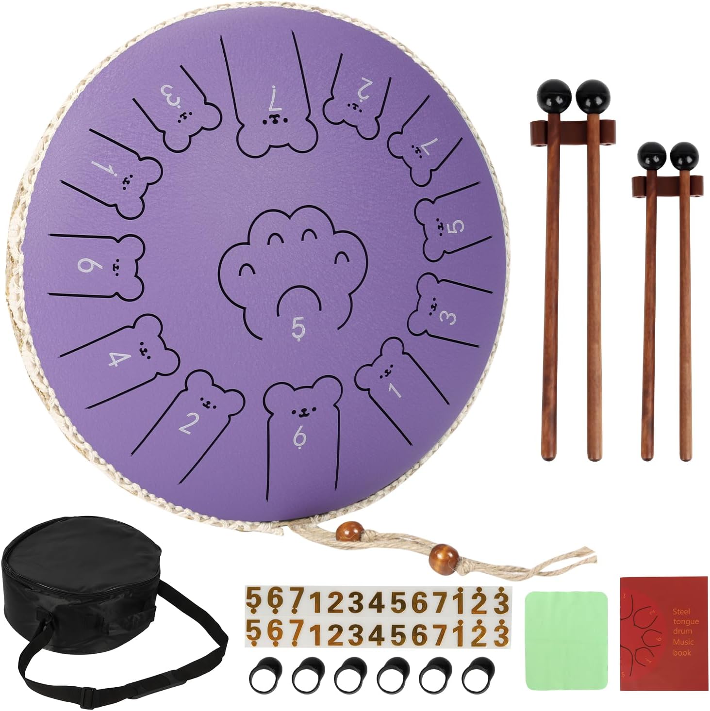 Bear Steel Tongue Drum 13 Inch 13 Note, Steel Drum with Mallets 2 Pairs, Carry Bag and Music Book, Musical Instruments for Adults and Kids, Hand Pan Drum C Major (Lavender Purple)