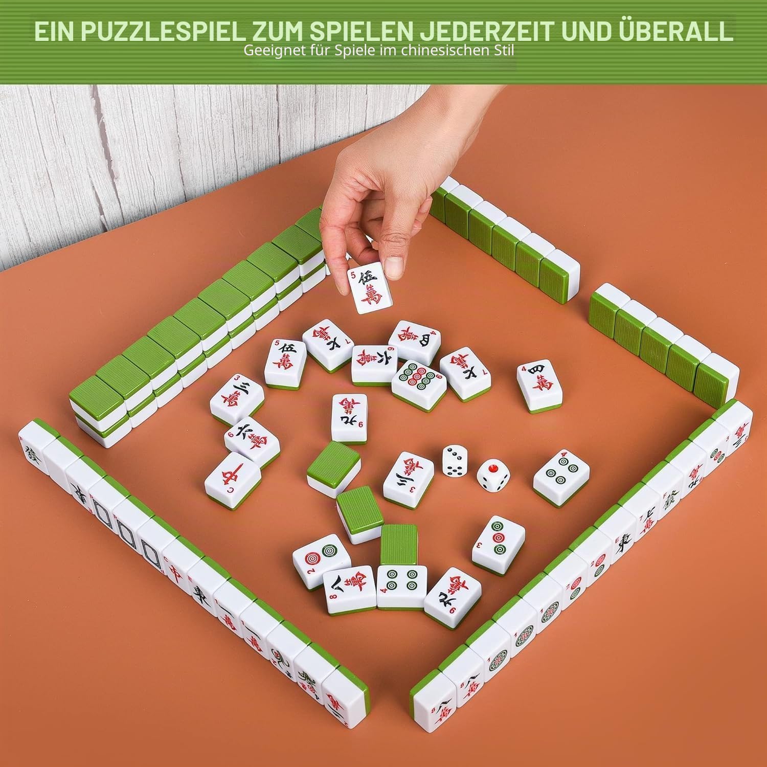Mahjong-Set, 144 Teile, 3,0 x 2,25 x 1,7 cm Mahjong-Steine, tragbares mit 3 Würfeln, Mahjong-Set in voller Größe mit englischen Zahlen für Reisen, Partys und Familienspiele 麻将