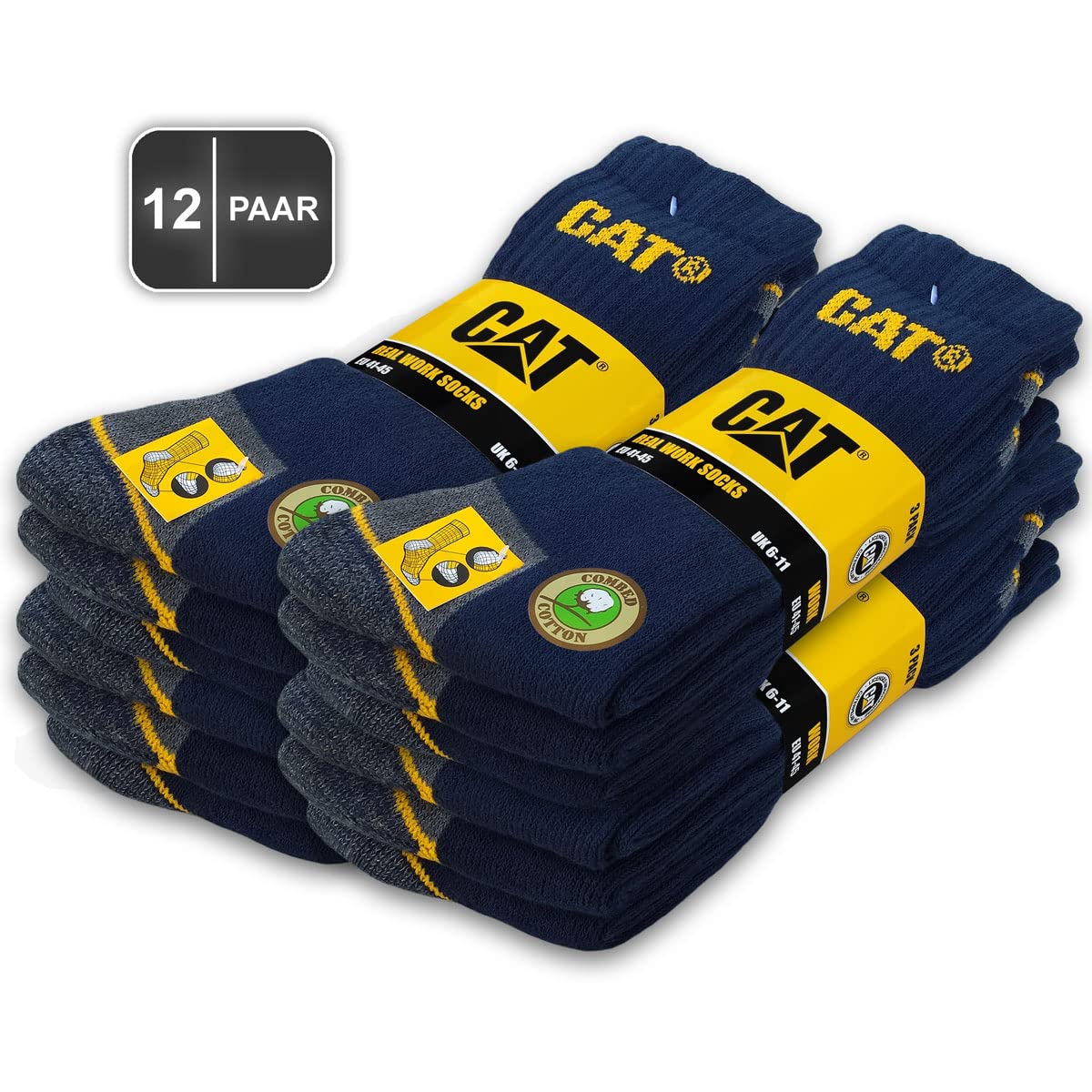 Caterpillar 12 Paia Calzini Lavoro REAL WORK SOCKS - Punta Tallone Rinforzati - Cotone