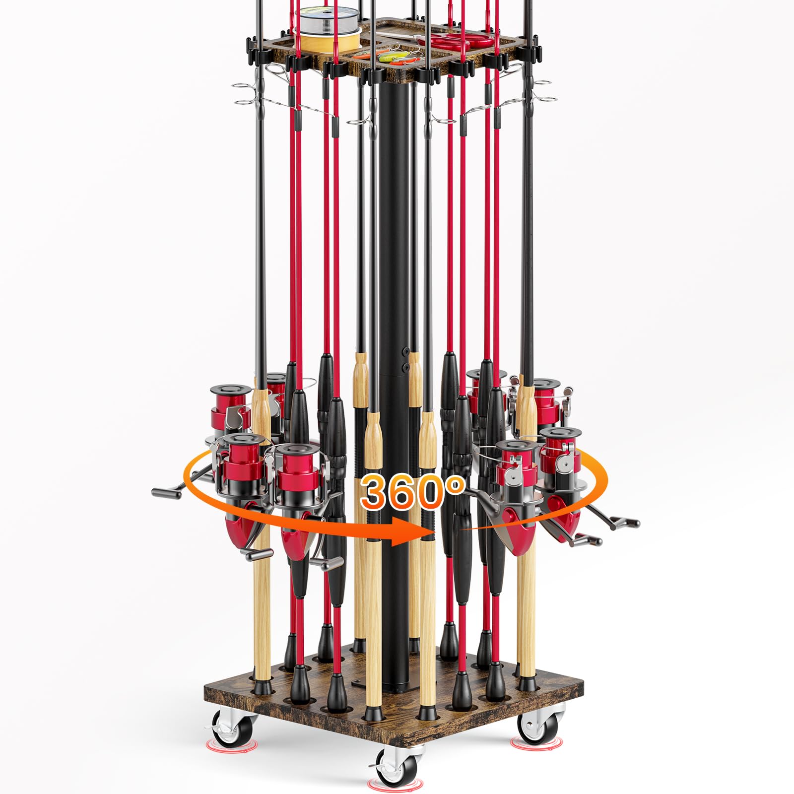 OFIDELITY Fishing Rod Rack for 16 Poles - 360° Rotating Base with Casters, Easy to Install & Pole Holder Stand for Garage Storage, Organiser for Fishing Rods & Equipment, Fishing Gifts for Men (Brown)