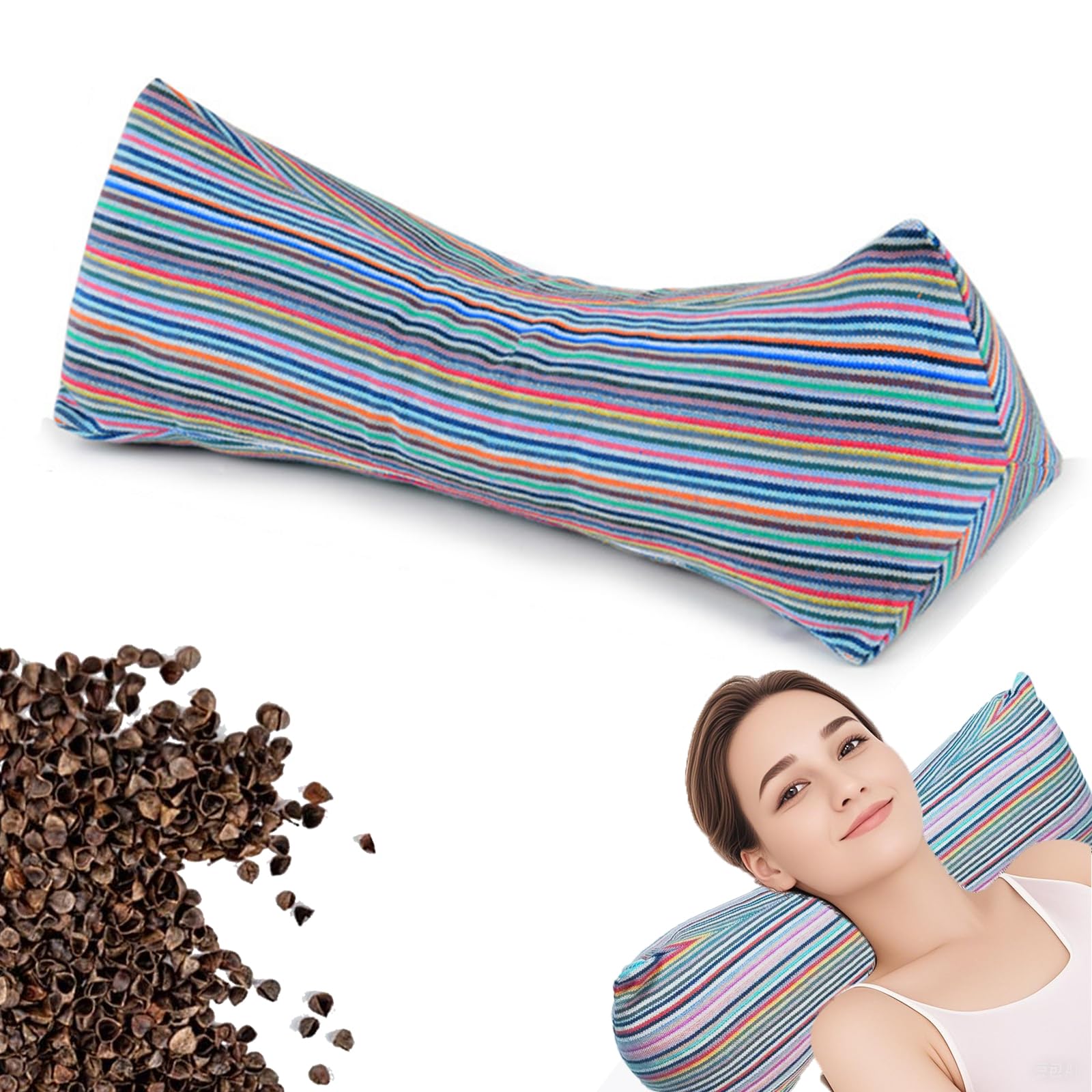 Buckwheat Neck & Cervical Pillows, Buckwheat Hulls Adjustable Roll Pillow, With inner liner Cervical Bolsters, Office Waist Support & Lunch Break for Pain Relief for Sleeping (Colorful stripes)