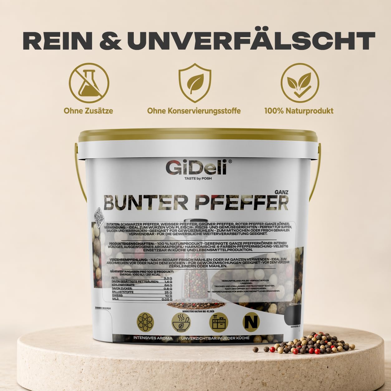 GiDeli Bunter Pfeffer Ganz 5kg im Eimer - Aromatische Schwarze, Weiße, Rote und Grüne Pfefferkörner - Für Pfeffermühle und Mörser - Universell Einsetzbar - 100% Naturrein ohne Zusätze