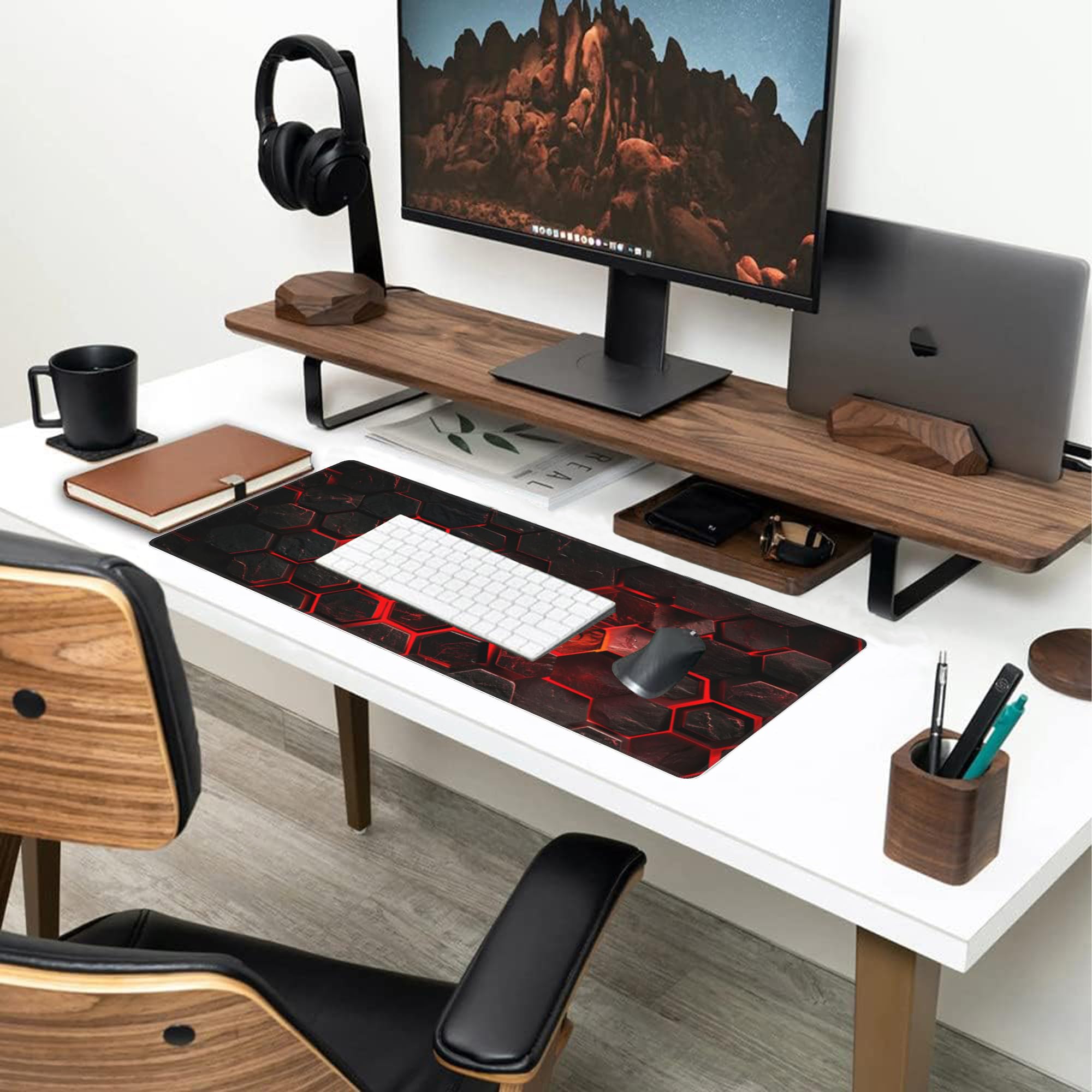 Alfombrilla de mouse grande para juegos, alfombrilla de escritorio con tecnología científica de panal rojo, almohadilla de escritorio hexagonal de panal, alfombrilla de mouse extendida para teclado de