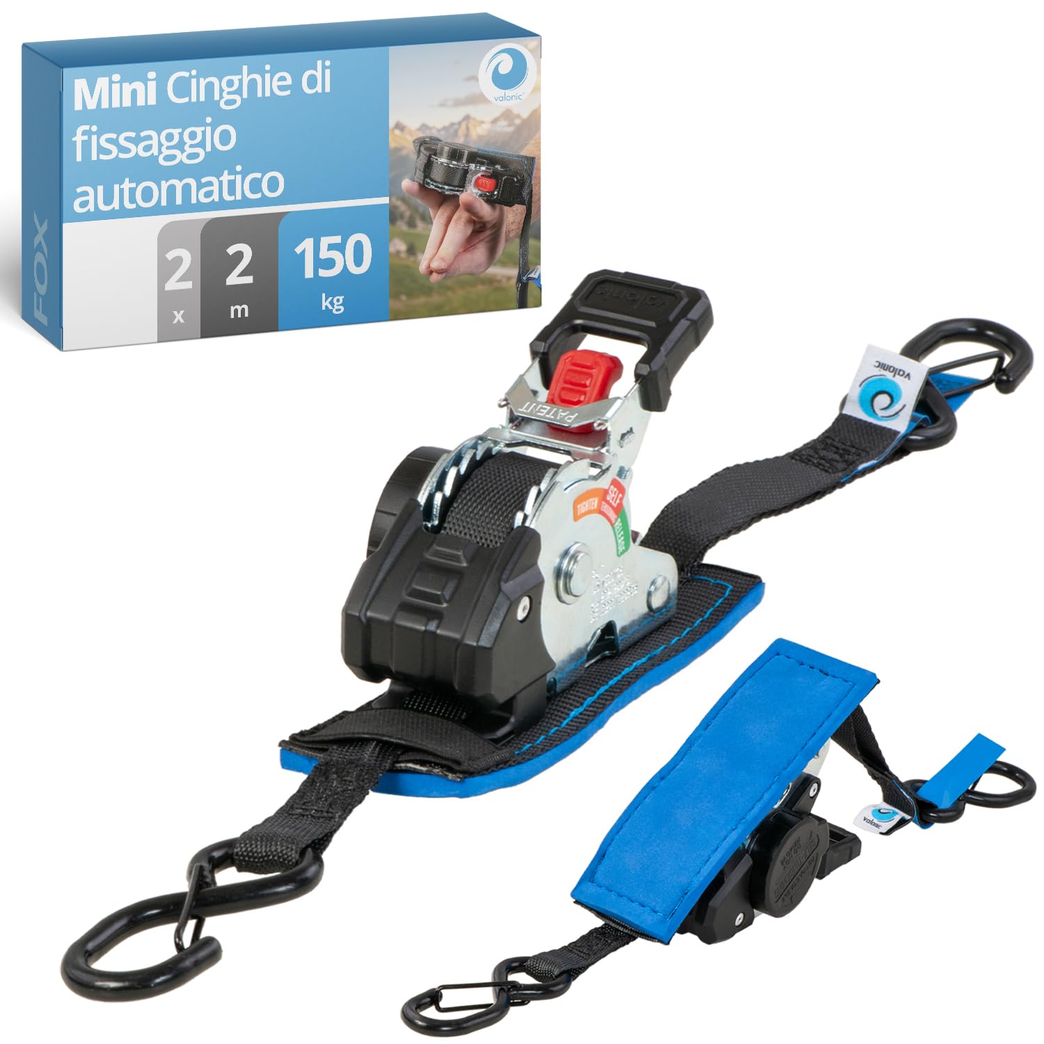 valonic FOX 2 m, mini cinghie a cricchetto, per fissaggio in furgone, set da 2, 150 kg forza di serraggio, 19 mm, cricchetto gommato