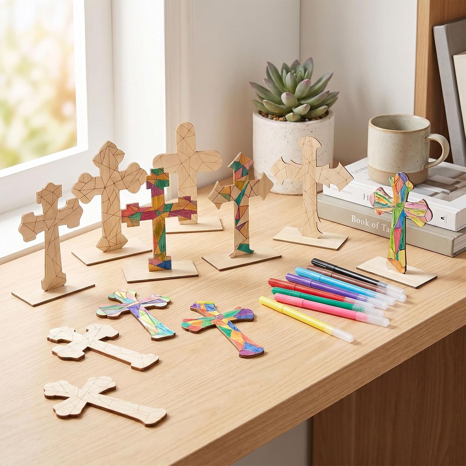 48 Pack Color Your Own Cross Kit 12 Wooden Crosses for Crafts with 36 Pen, Christian Religious Coloring Arts and Crafts Set Wooden Cross for Sunday School Classroom Church Art Project Activities