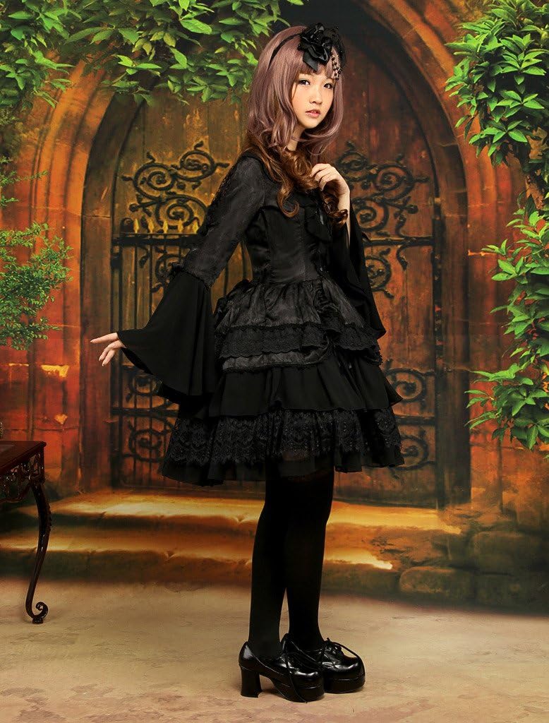 Hugme Gothic Black Chiffon Jacquard Cute Lolita One-Piece