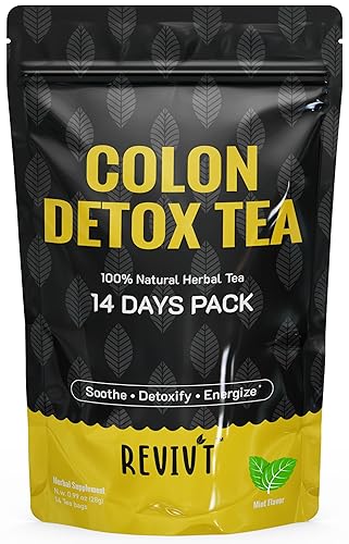 REVIVT Té de desintoxicación de colon, té de limpieza de colon totalmente natural con Senna, diente de león, menta, apoyo para la salud intestinal y