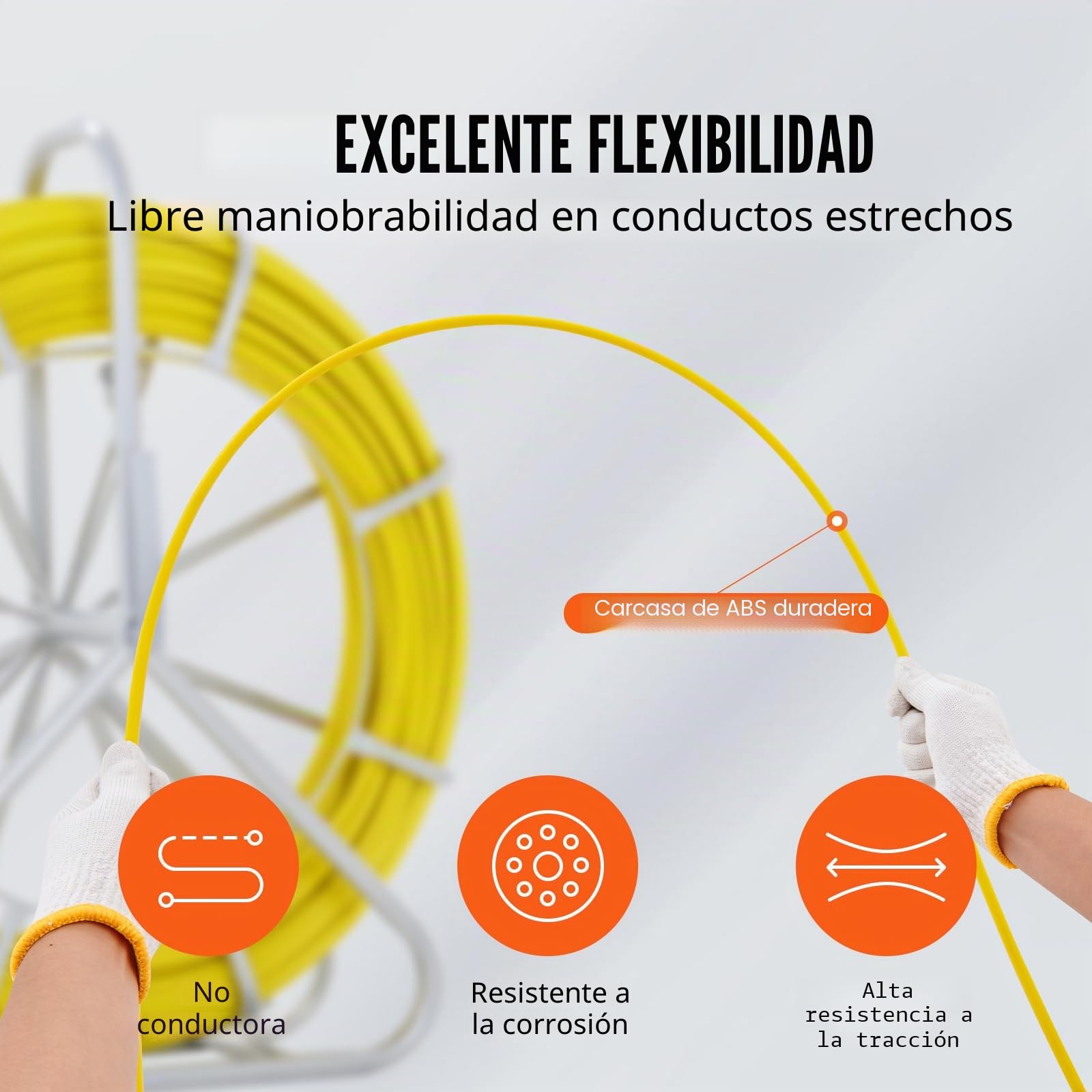 VEVOR Cinta de Fibra de Vidrio Longitud de 129,5 m 6,35 mm Tirando de Aguja Electricista de Alambre de Cable Eléctrico Extractor de Conducto Carrete de Acero de Apoyo 3 Cabezas de Tracción para Pared