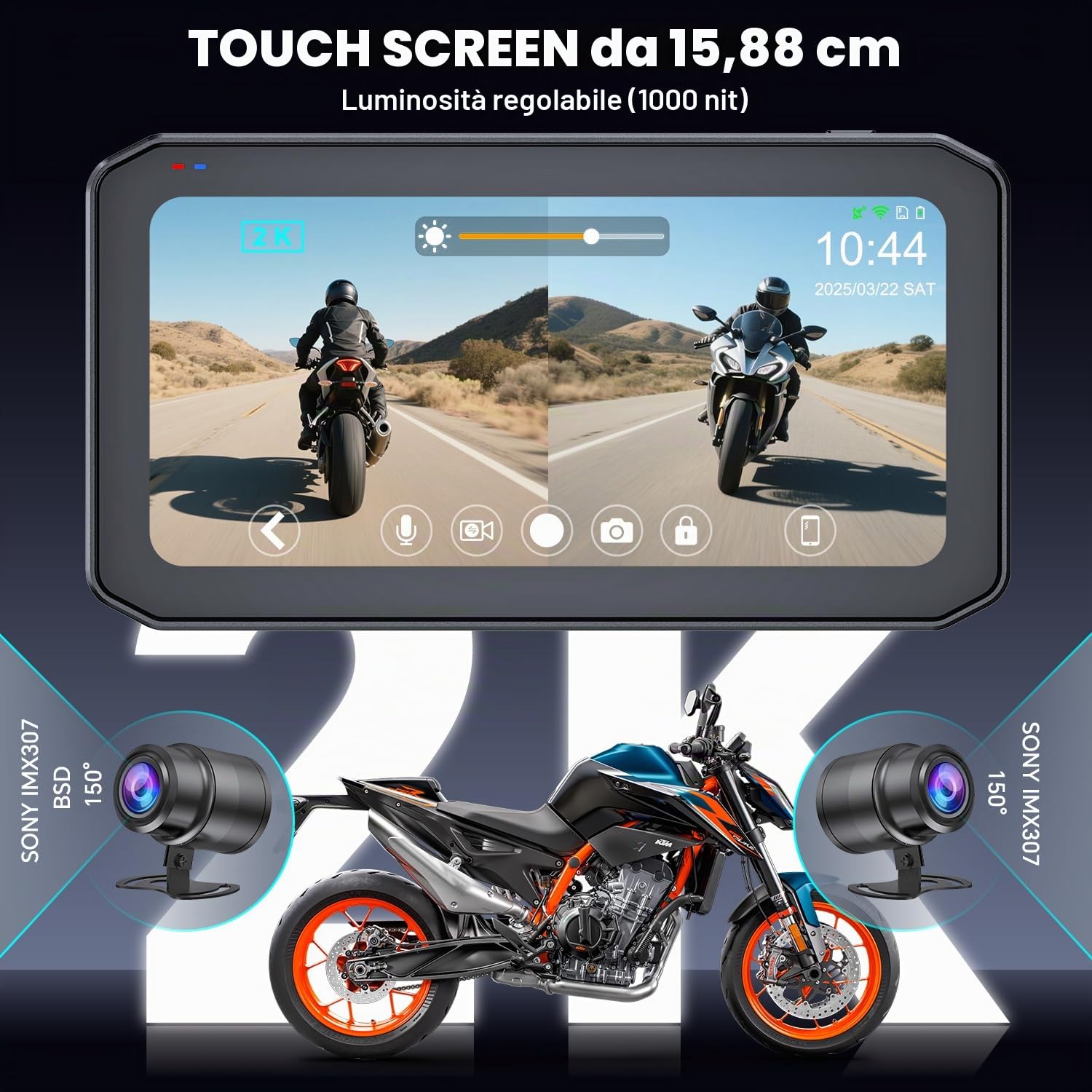 CarPlay Moto Android Auto con Telecamera, 2K Dash Cam Moto Anteriore e Posteriore, Schermo Tattile da 6,25" con GPS, TPMS, Navigatore, Telecomando, Scheda TF da 64 GB