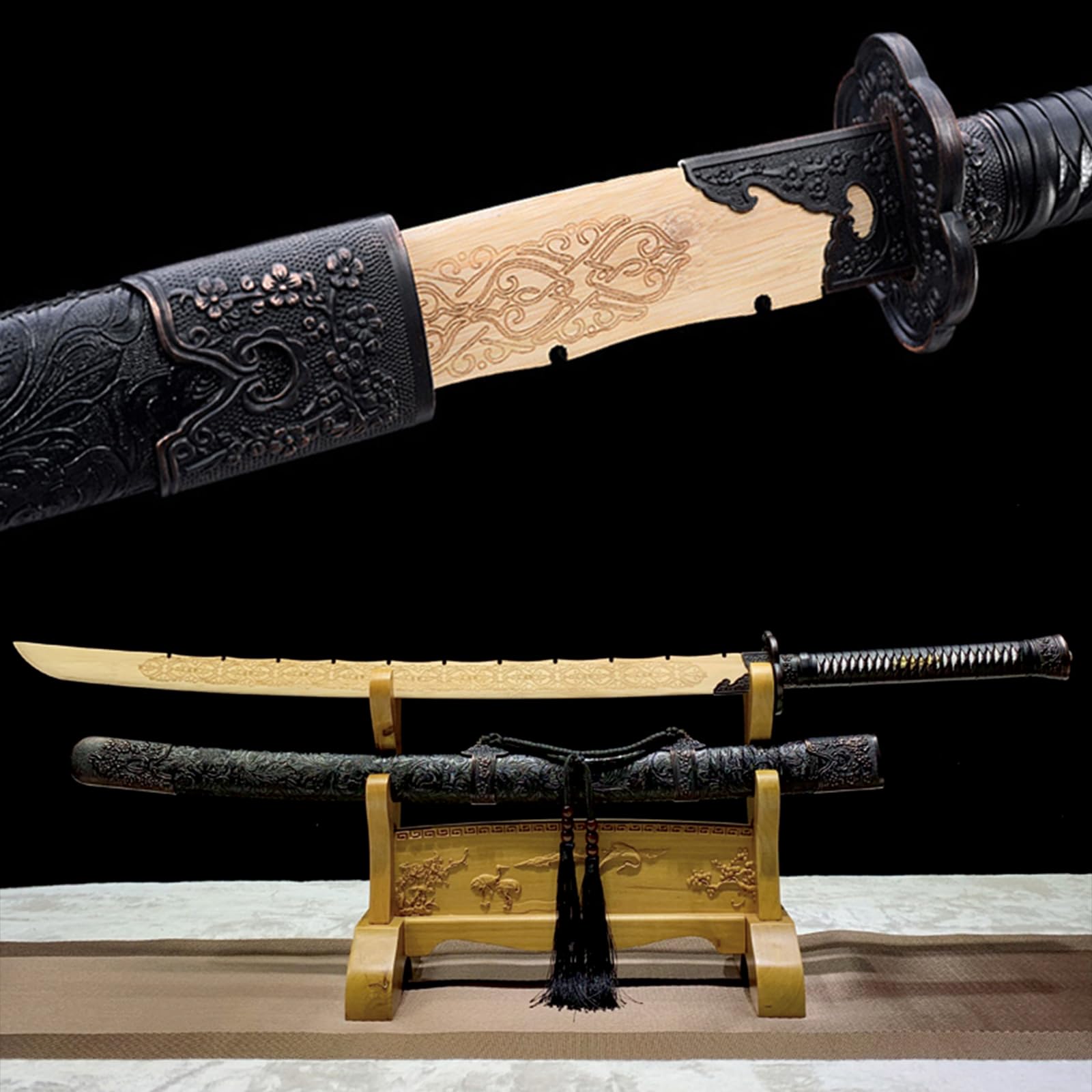 Bokken 110cm,Espada samurái de bambú natural con tallado,Hecha a mano Espada samurái madera,Vaina madera forrada en cuero sintético,Katana de madera para entrenamiento,exhibición,cosplay fiestas