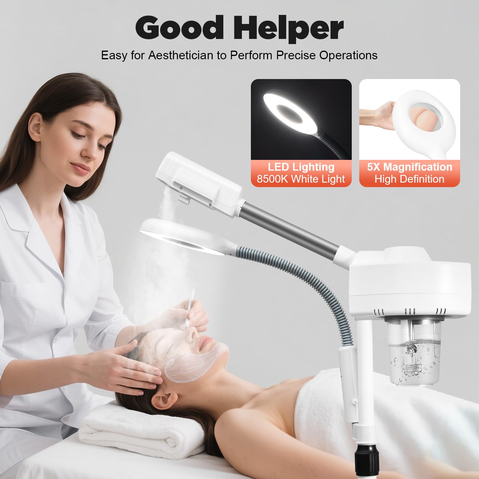 Gesichtsdampfer Professioneller 2 in 1 Bedampfer Kosmetik Facial Steamer mit 5 Fache LED Lupenleuchte Gesichtsdampfgerät für Salon oder Zuhause (800W)