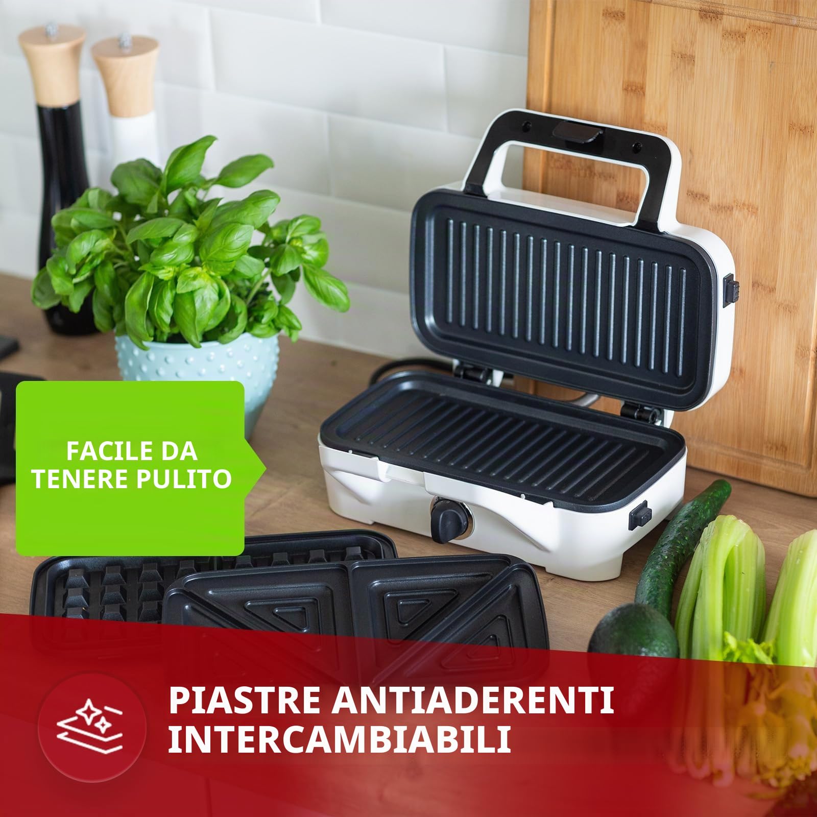 MPM MOP-33M 3 in 1 Sandwich Panini Maker, Piastre Intercambiabili, Tostapane Piastra, Waffle maker, Bistecchiera Elettrica, Grill per Carne e Pesce, Regolatore di Temperatura, 1200W