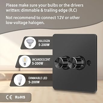 LED Dimmer Switch 5-200W, Rotary Push On/Off, Trailing Edge, Black