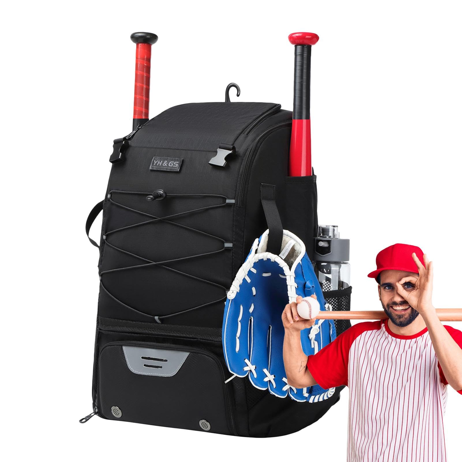 Mochila de béisbol de poliéster para adultos con compartimento para zapatos y gancho