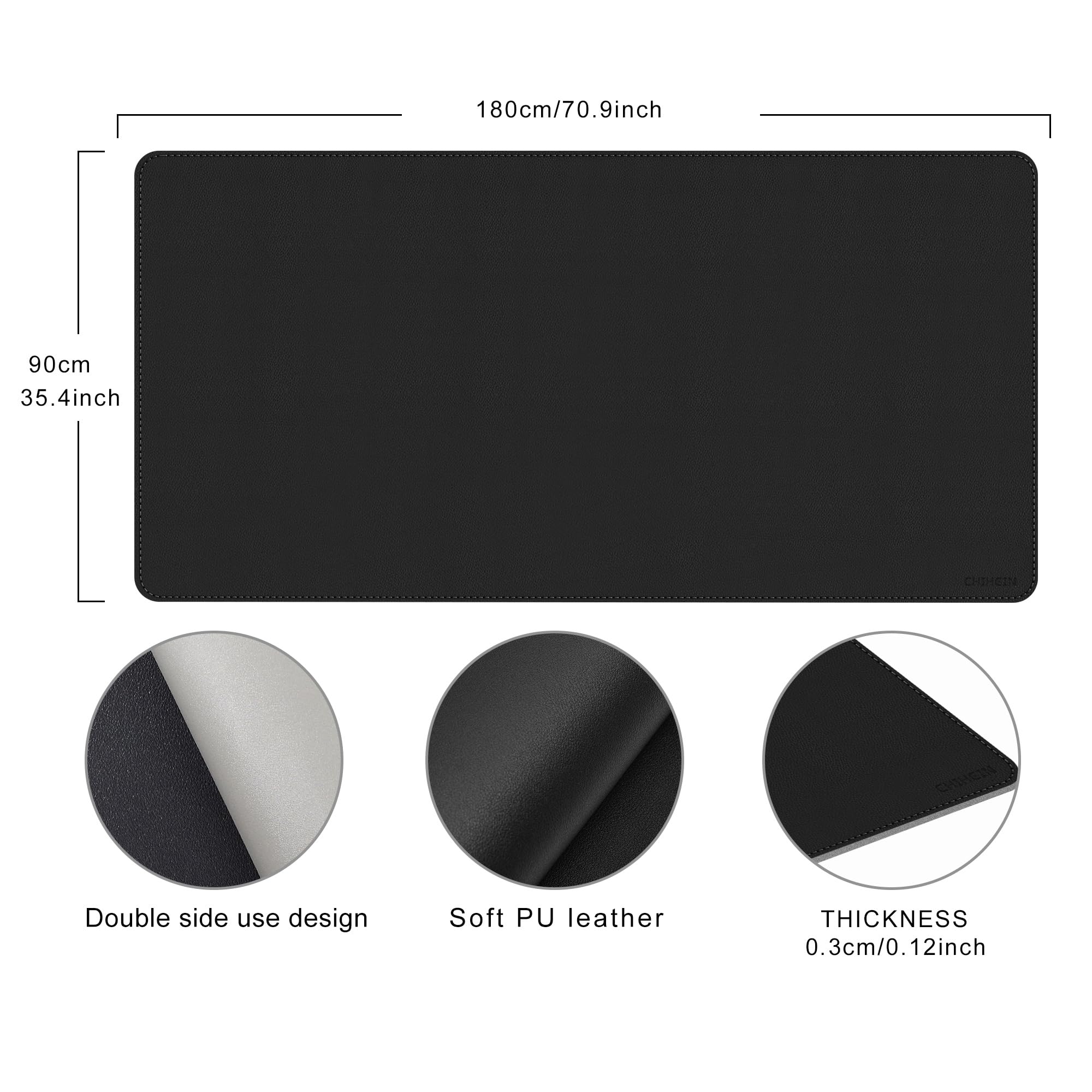 Chihein Tappetino da scrivania in pelle PU, 180,3 x 88,9 cm, doppio lato, grande protezione per scrivania, impermeabile, per ufficio, casa, gioco (nero/grigio)